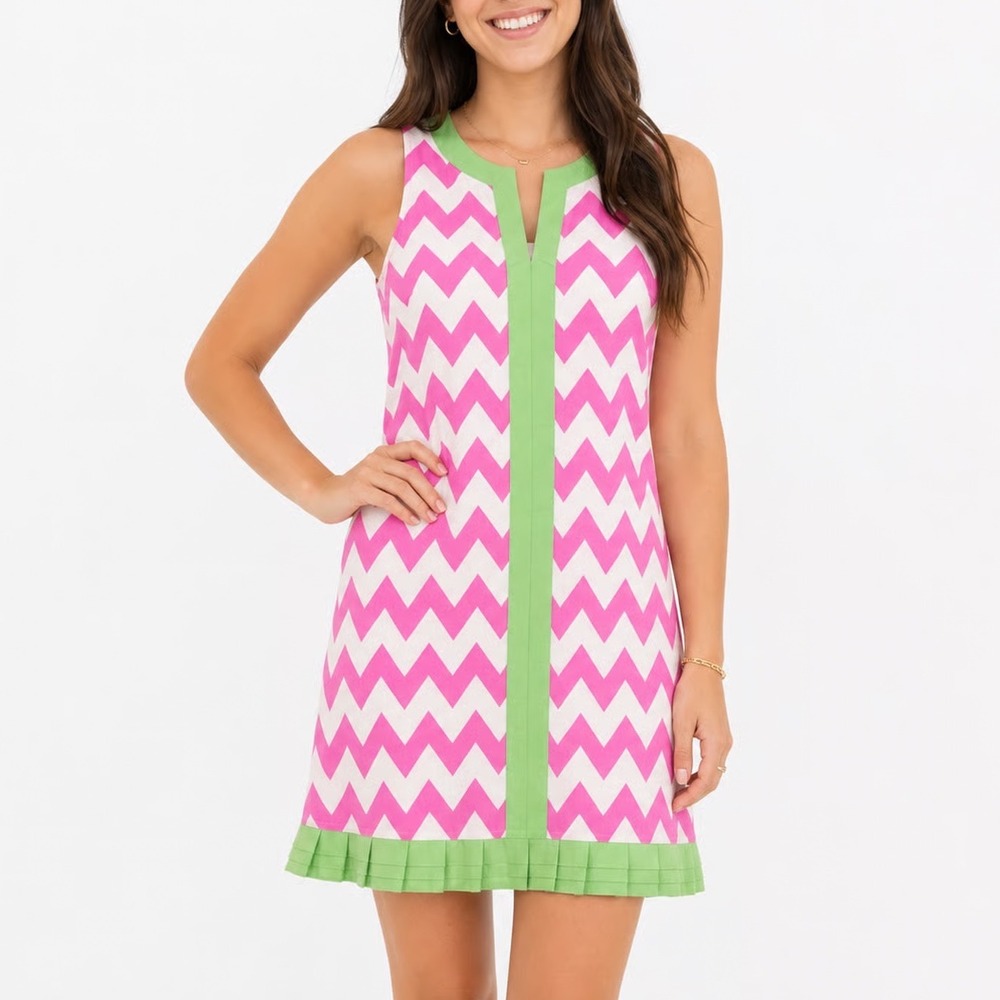 Malabar Bay Pink Chevron Organic Cotton Sleeveless Shift Dress Green Trim Medium
